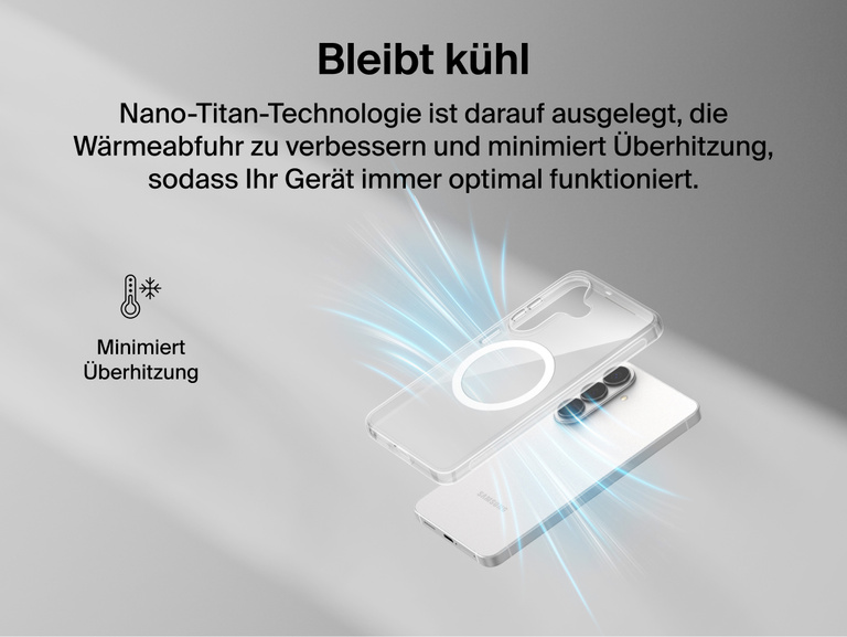 Belkin SheerForce Clear Series Case for Samsung Galaxy S26 shown with Nano-Titan technology supporting heat dissipation to minimize overheating while maintaining a slim, lightweight protective design.