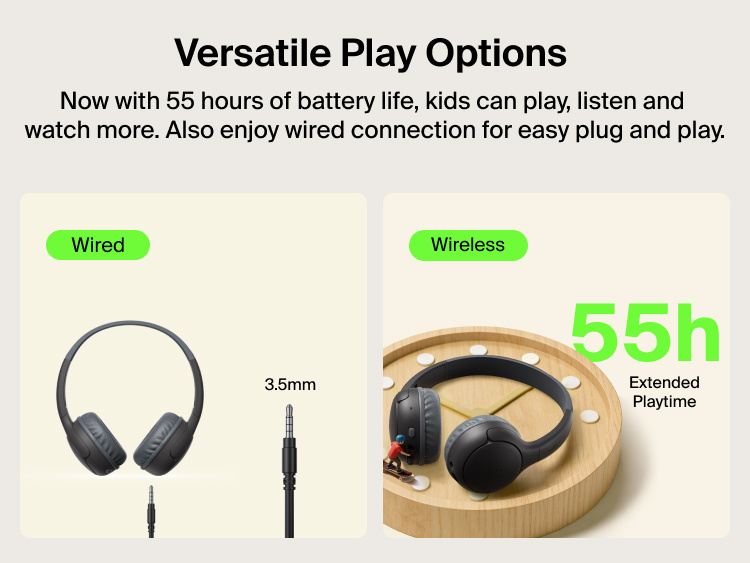 SoundForm Mini 2 Wireless On-Ear Headphones for Kids shown in two connection modes: wired with a 3.5mm audio cable, and wireless on a decorative wooden tray with a toy skateboarder, with 55h Extended Playtime callout