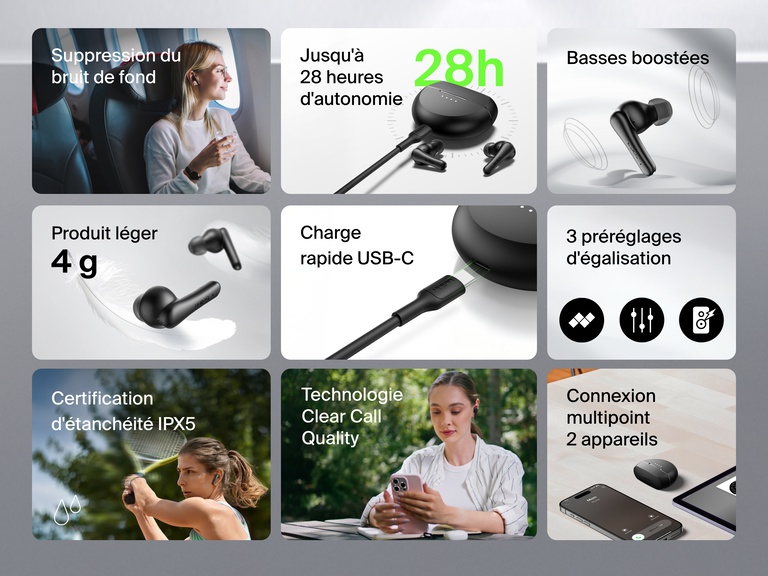 Image montrant les fonctionnalités des écouteurs ANC SoundForm Rhythm de Belkin comme la suppression du bruit de fond, l’autonomie de batterie de 28 heures, les basses boostées, la conception légère, la recharge rapide USB-C, les préréglages d'égalisation, la résistance à l'eau IPX5, la technologie Clear Call Quality et la connexion multipoint 2 appareils.