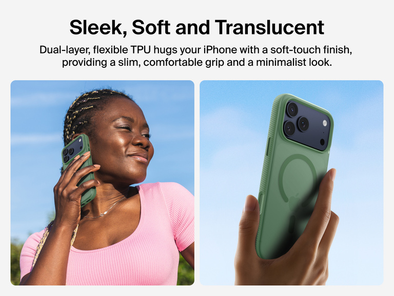 Belkin SheerForce Grip Series Case for iPhone 17 with slim translucent design and soft-touch finish for a comfortable grip.