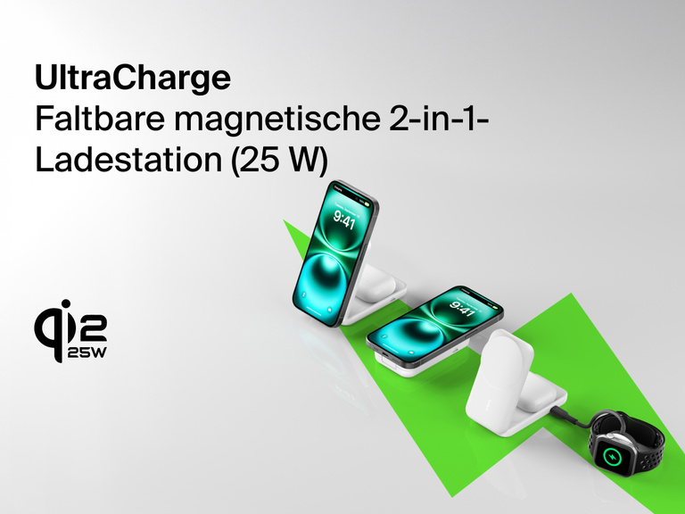 Belkin UltraCharge faltbare magnetische 2-in-1-Ladestation mit Qi2 25W wird beim Laden folgender Geräte auf einem stylischen, kompakten Ständer gezeigt: iPhone, AirPods und Apple Watch.