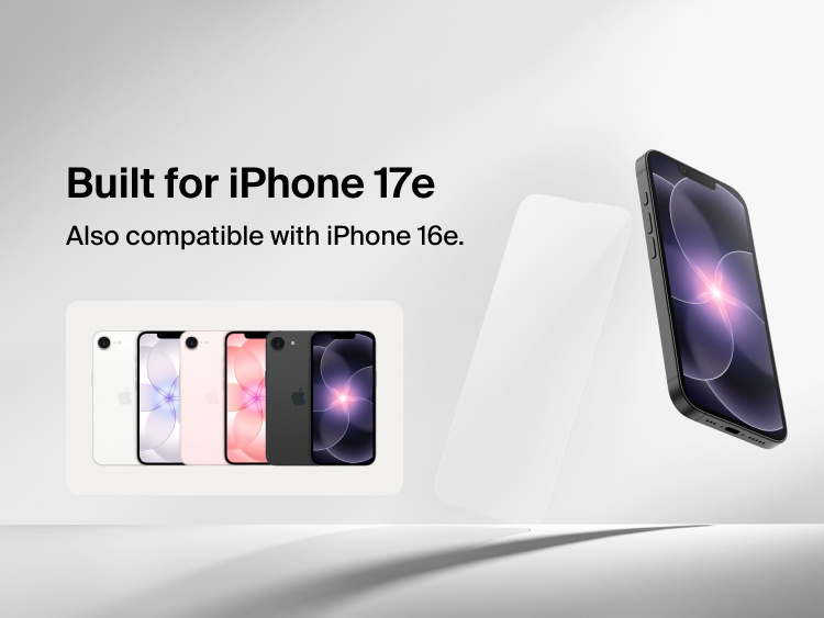 Belkin ScreenForce TemperedGlass screen protector for iPhone 17e shown with precision fit design, compatible with iPhone 16e, alongside angled device and clear glass overlay on a minimal background