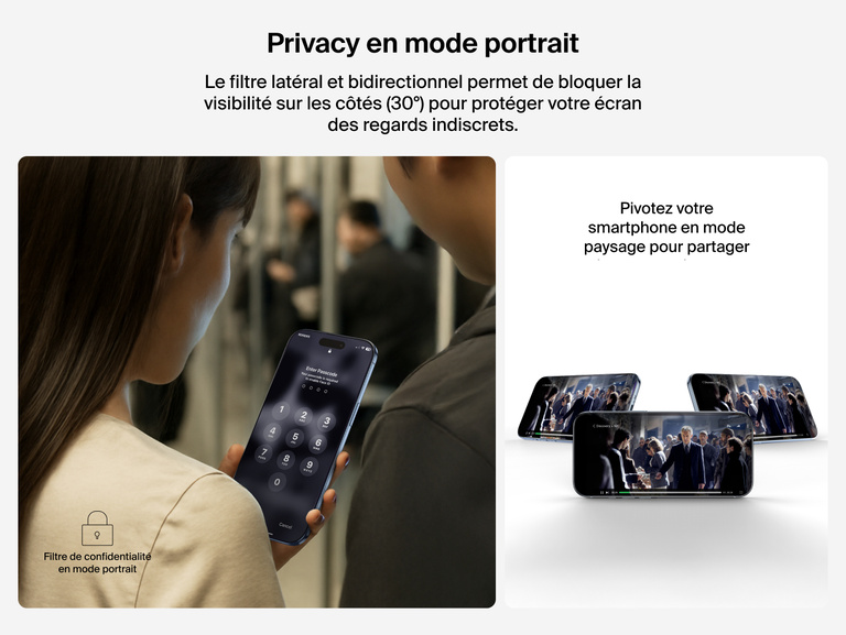 Belkin ScreenForce InvisiGlass Privacy Screen Protector provides 2-way portrait mode privacy with 30-degree side-view blocking.