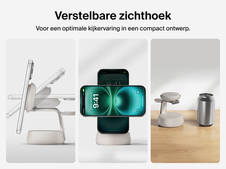 Het Belkin UltraCharge Pro 3-in-1 magnetische laadstation met Qi2 25W heeft een verstelbare zichthoek en compact formaat voor optimaal kijkcomfort en ruimtebesparend gemak.