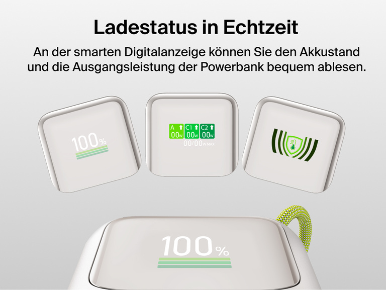 Nahaufnahme der UltraCharge Powerbank 11K mit einziehbarem Kabel, deren intelligentes digitales Display nacheinander den Akkustand in Prozent, die Ausgangsleistung in Watt und die Temperatur anzeigt.