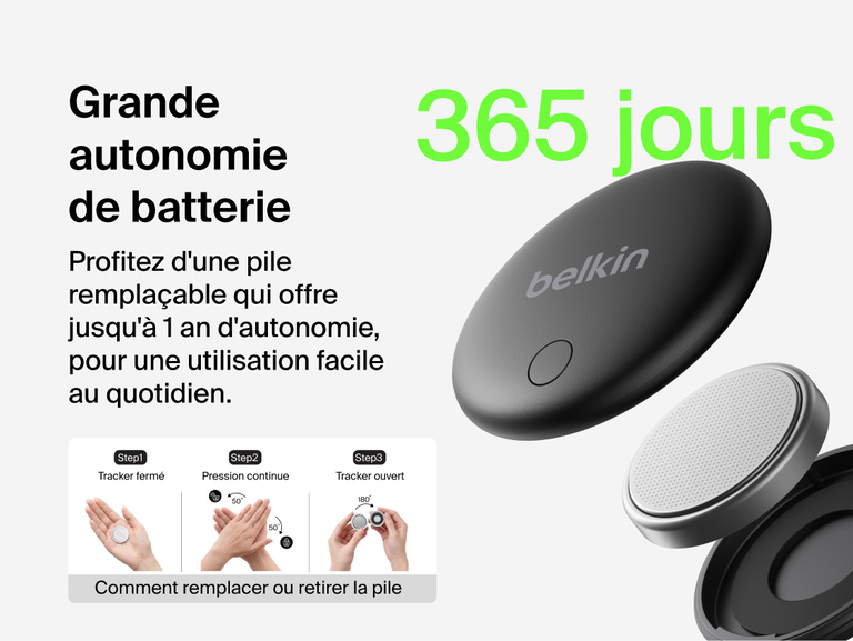 Image de la carte Belkin&nbsp;SureFind et de sa batterie facilement rempla&ccedil;able dont la dur&eacute;e de vie peut atteindre un&nbsp;an.