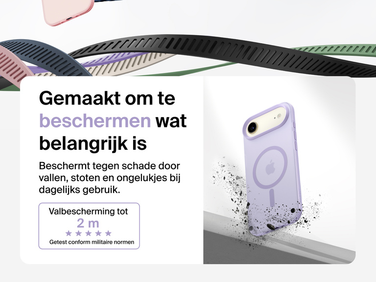 Belkin SheerForce Grip Series Case for iPhone 17 shown with textured grip and impact protection against drops.