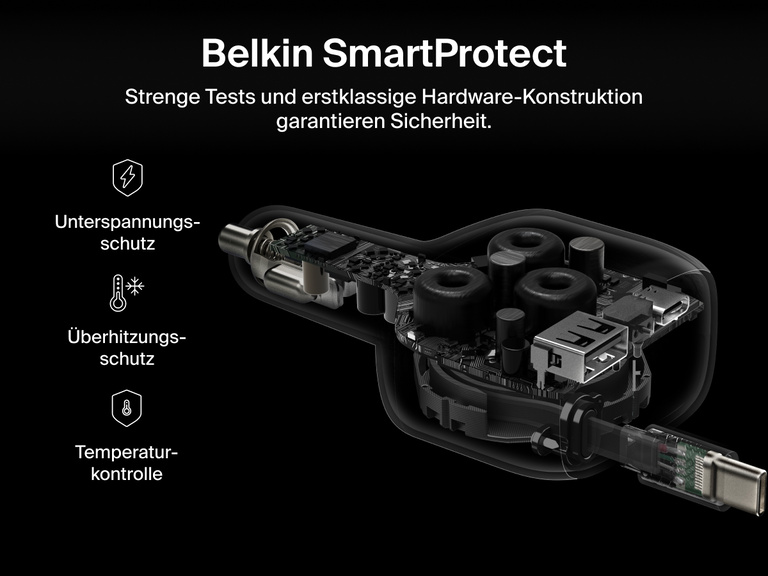 Abbildung des Belkin BoostCharge Kfz-Ladegeräts mit einziehbarem Kabel (75 W) mit Belkin SmartProtect-Technologie, die sich durch Unterspannungsschutz, Überhitzungsschutz und Temperaturkontrolle zum sicheren Laden auszeichnet.