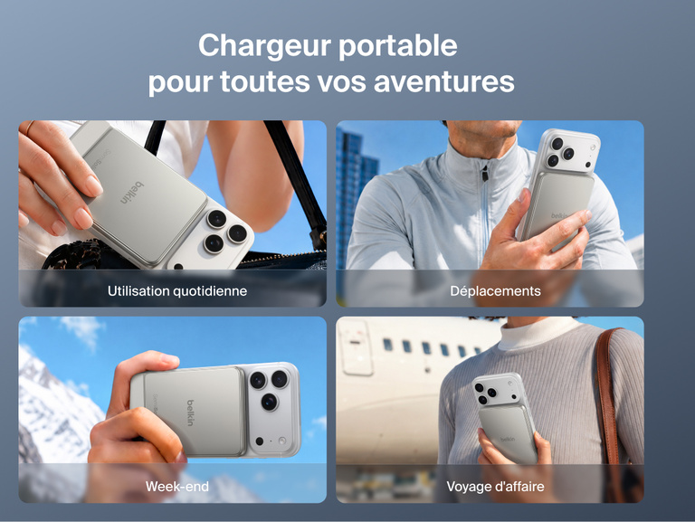 Image de la batterie externe magn&eacute;tique Belkin&nbsp;UltraCharge&nbsp;Pro&nbsp;Slim&nbsp;5K avec BoostSolid&nbsp;Cell, con&ccedil;ue pour un usage quotidien, les d&eacute;placements en ville, les escapades du week-end et les voyages d'affaires.