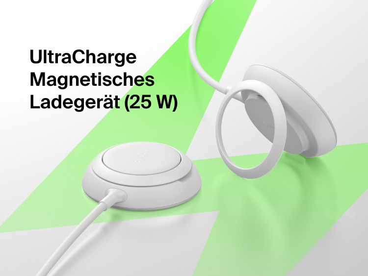 Das magnetische Belkin UltraCharge Ladeger&auml;t mit Qi2 25W wird als stylisches, magnetisches Ladepad und Ladest&auml;nder gezeigt, das schnelles, sicheres, induktives Laden erm&ouml;glicht.