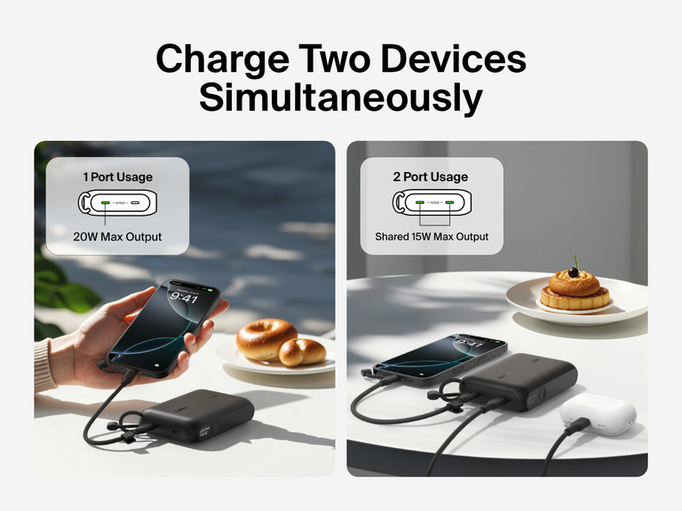 Visual comparison of the Belkin BoostCharge Power Bank 10K with Display charging one device at 20W or two devices simultaneously at a shared 15W output, shown powering a smartphone and wireless earbuds on a table.