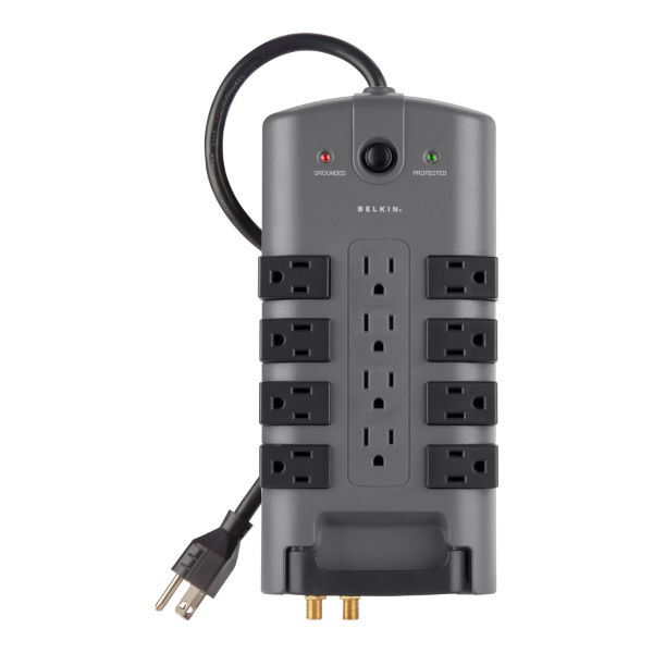 A Belkin surge protector with twelve AC outlets, including eight rotating plugs, coaxial cable protection ports, and LED indicators for grounded and protected status.