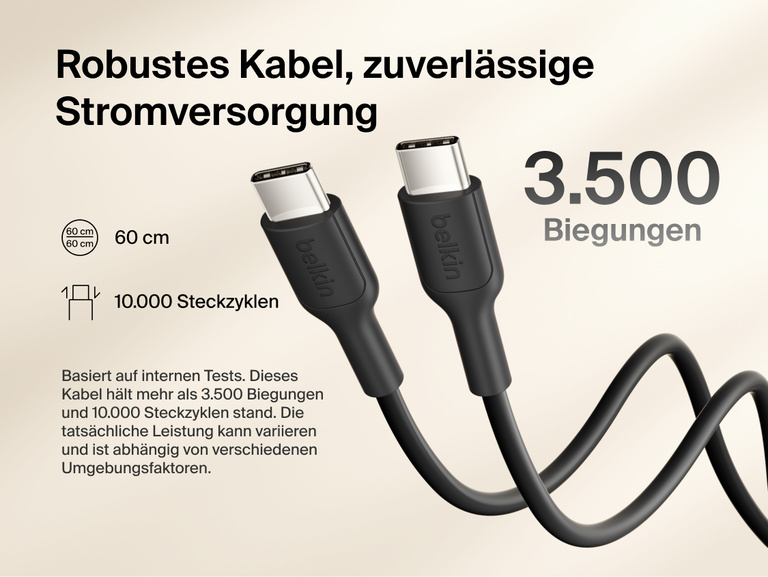 Belkin BoostCharge Slim Magnetic Power Bank 10K with included USB-C to USB-C cable highlighting durable design tested for 3,500 bends and 10,000 plug-ins