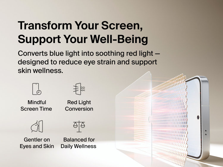Belkin ScreenForce Titan EcoGuard Red Light Screen Protector for Samsung Galaxy S26 shown converting blue light into red light to support eye comfort, mindful screen time, and everyday screen wellness.