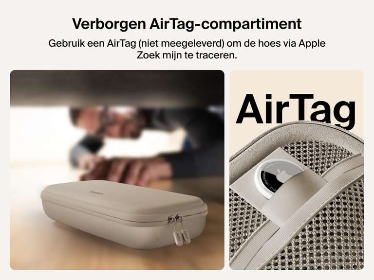 Belkin Gaming Charging Case for Nintendo Switch 2 shown with a hidden AirTag compartment, allowing easy tracking through Apple Find My (AirTag not included).