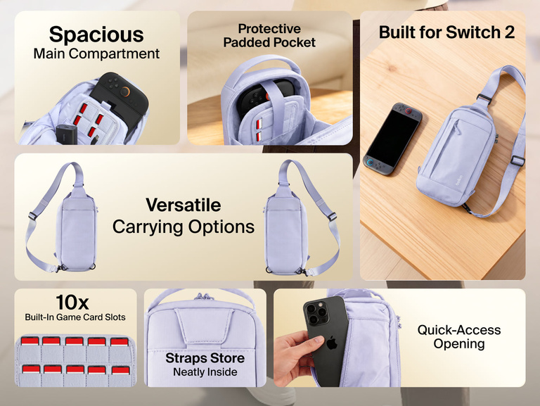 Belkin Gaming Travel Bag for Nintendo Switch 2 with spacious storage, padded protection, game card organization, and versatile carrying options for gaming on the go.
