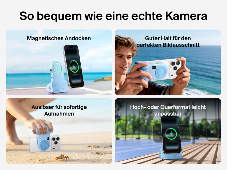 Belkin Stage PowerGrip shown in various scenes demonstrating magnetic snap-on attachment, stable camera-like grip, one-touch shutter, and easy portrait or landscape phone positioning.