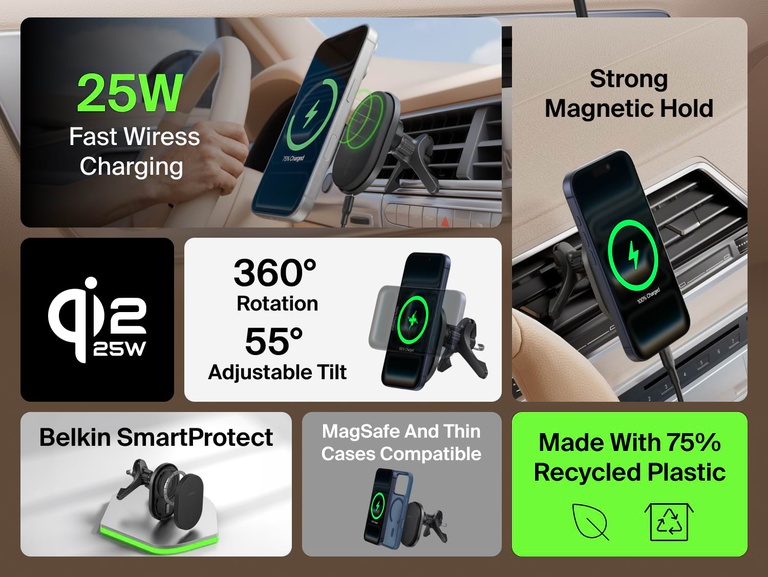 Belkin UltraCharge Magnetic Wireless Charging Car Vent Mount with Qi2.2 25W highlighting fast wireless charging, strong magnetic hold, adjustable viewing, case compatibility, SmartProtect and recycled materials.