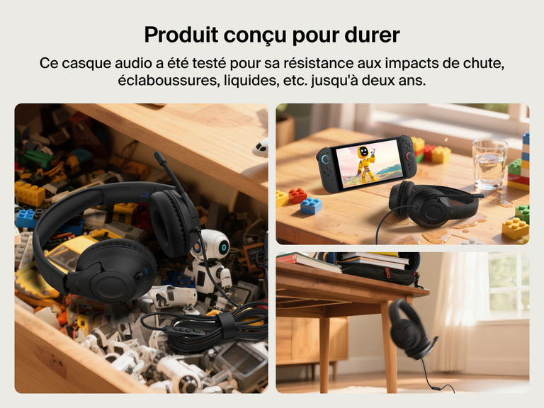 Image du casque audio filaire Belkin Gaming Inspire pour enfants compatible Nintendo Switch 2 utilisé dans plusieurs cas différents, entouré de jouets, d'éclaboussures, etc. et qui met en avant sa durabilité et sa résistance aux accidents éventuels.