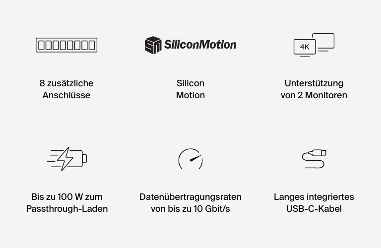 Belkin Connect Universal USB-C-8-in-1-Core-Hub für 2 Monitore mit Silicon Motion-Technologie; kompatibel mit Chromebook, Mac- und Windows-Laptops; 100 W PD; Datentransfer mit 10 Gbit/s und 1-GbE-Ethernet – Silber
