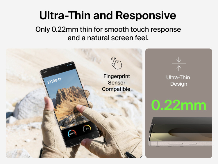 Belkin ScreenForce Titan EcoGuard Privacy Filter Screen Protector for Samsung Galaxy S26 shown with an ultra-thin 0.22 mm design that maintains smooth touch response and fingerprint sensor compatibility.