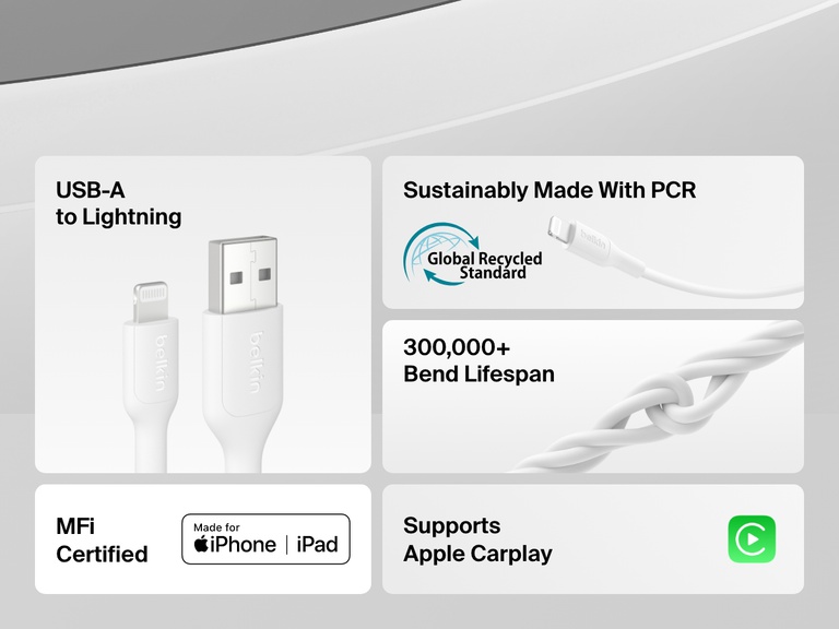 Infographic highlighting the Belkin BoostCharge USB-C to USB-C Cable 240W with up to 240W fast charging, 25,000+ bend durability, Apple CarPlay and Android Auto support, and USB-IF certification.