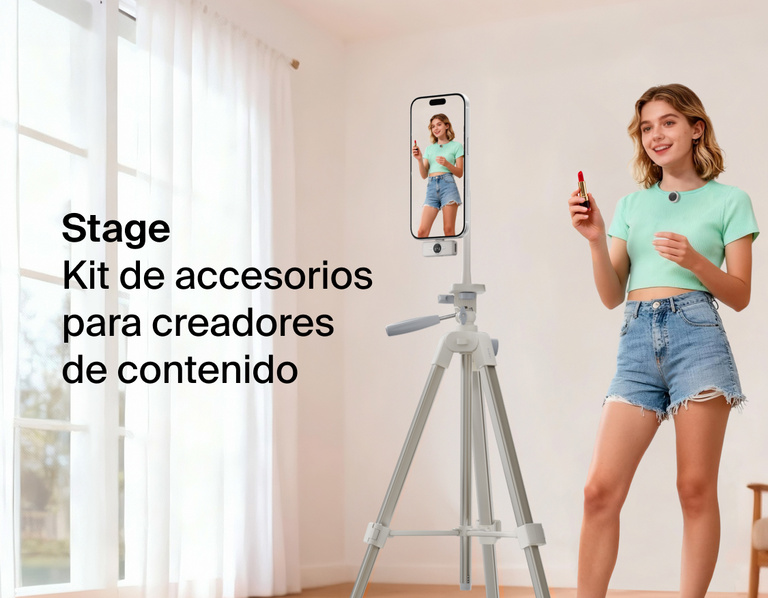 Image showing a person using the Belkin Stage Creator Kit with smartphone mounted on a motorized stand and tripod, demonstrating hands-free video recording for content creation in a home setting.