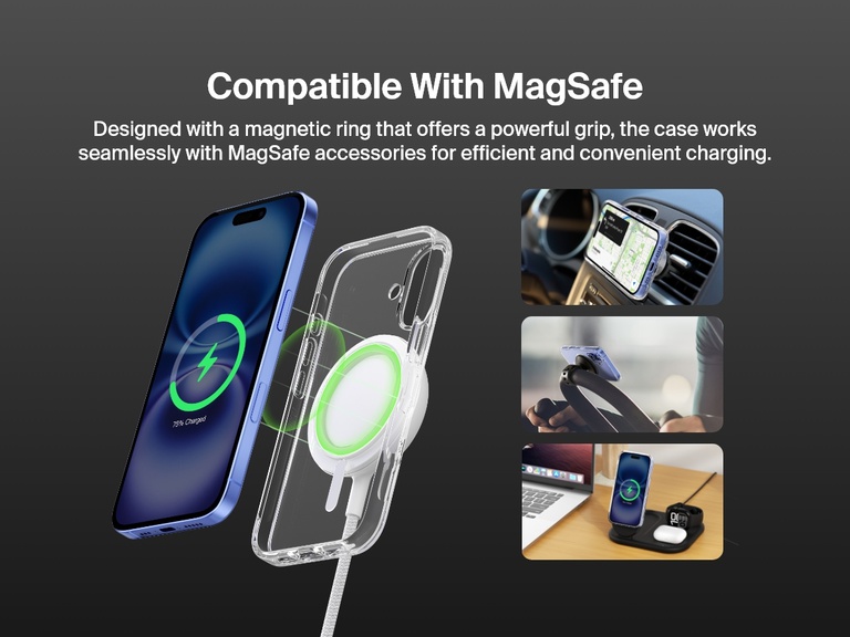 A promotional image showcasing the SheerForce™ Magnetic iPhone Case's MagSafe compatibility. The image highlights how the case securely attaches to MagSafe accessories, including car mounts, phone stands, and wireless charging docks, ensuring a seamless and efficient charging experience. The transparent case features a built-in magnetic ring for a strong connection to MagSafe-enabled devices.