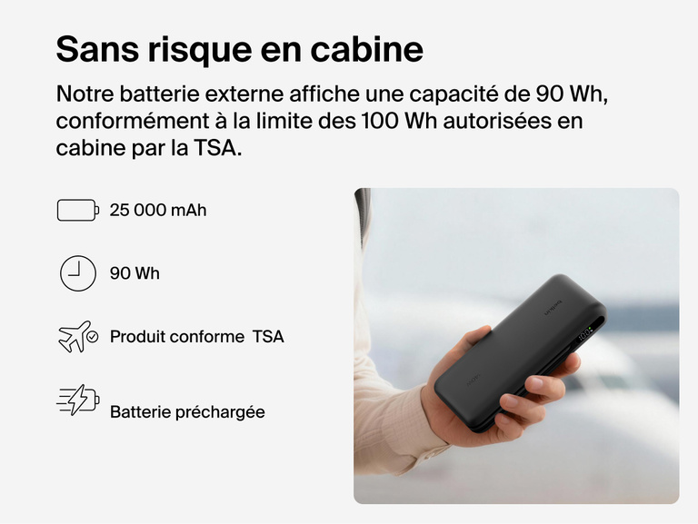Belkin UltraCharge Pro Laptop Power Bank 25K handheld portable charger with 25,000 mAh capacity and 90Wh TSA carry-on compliant battery for travel
