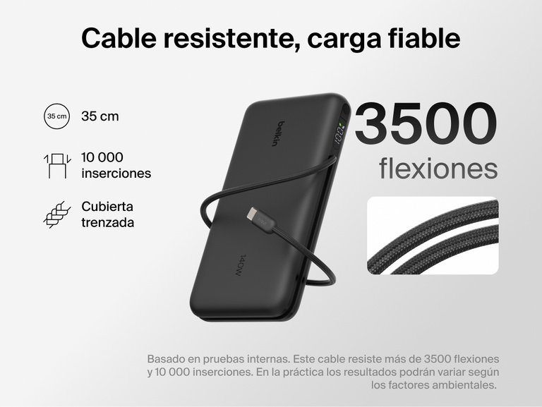 Belkin UltraCharge Pro Laptop Power Bank 25K with durable braided USB-C cable, designed for 3,500 bends and 10,000 plug-ins, delivering reliable high-power charging