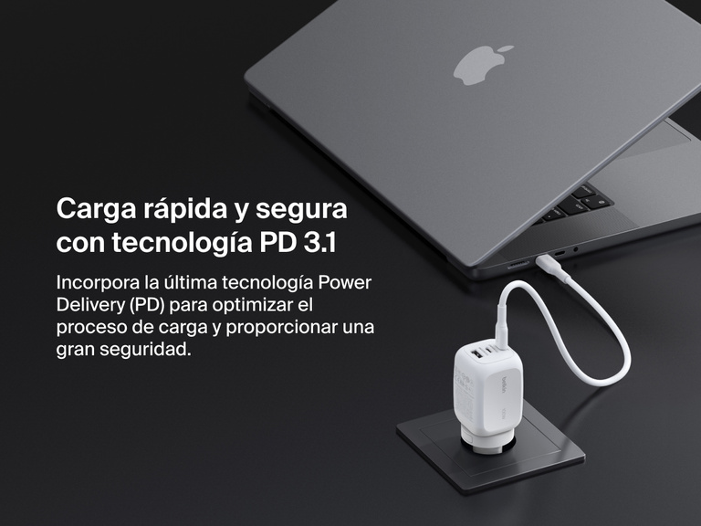 BoostCharge Pro 3-Port GaN Wall Charger 100W connected to a laptop, showcasing USB-C PD 3.1 technology for fast, efficient, and secure Power Delivery charging.