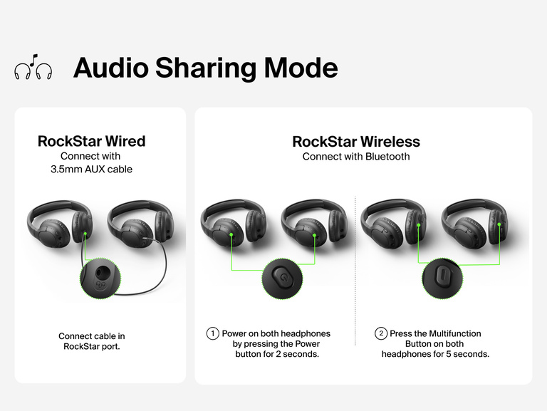 Diagram of SoundForm Play Active Noise Cancelling Headphones for Kids demonstrating Audio Sharing Mode, connecting two headphones with a 3.5mm cable or via Bluetooth