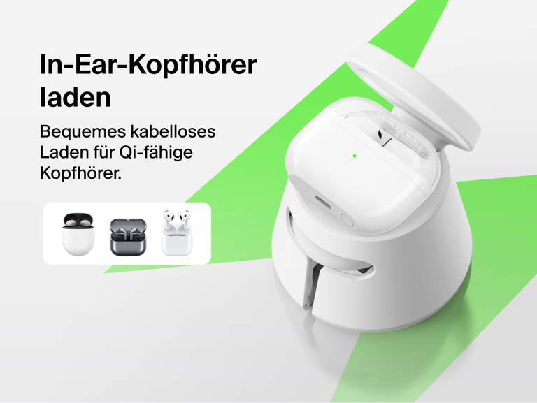 Die Belkin UltraCharge modulare Ladestation mit Qi2&nbsp;25W l&auml;dt Qi-f&auml;hige Earbuds kabellos auf. Das modulare Modell eignet sich als induktives Ladeger&auml;t f&uuml;r den Alltag.