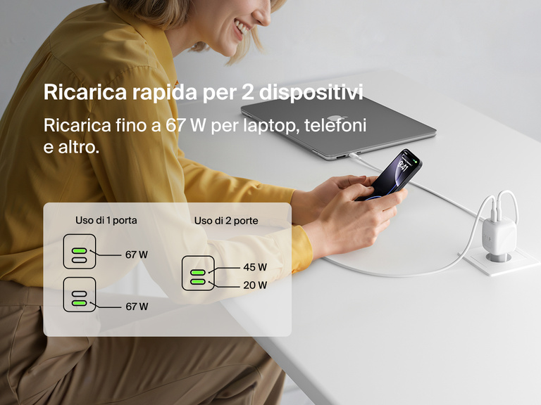 Immagine del doppio caricabatteria da parete GaN USB-C da 67 W BoostCharge Pro Belkin mentre ricarica un laptop e uno smartphone nello stesso istante, fornendo una potenza totale in uscita di 67 W, ideale per alimentare in modo rapido ed efficiente due dispositivi.