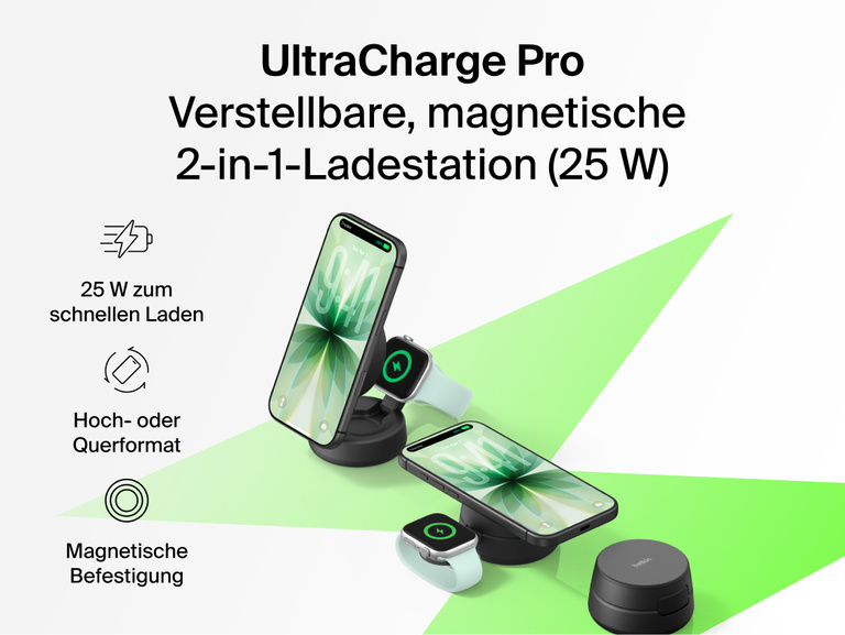 Die Belkin UltraCharge Pro verstellbare, magnetische 2-in-1-Ladestation mit Qi2 25W eignet sich zum schnellen, kabellosen Laden eines Smartphones und einer Smartwatch. Das Ger&auml;t kann magnetisch angedockt und zur Ansicht ins Hoch- oder Querformat gedreht werden.