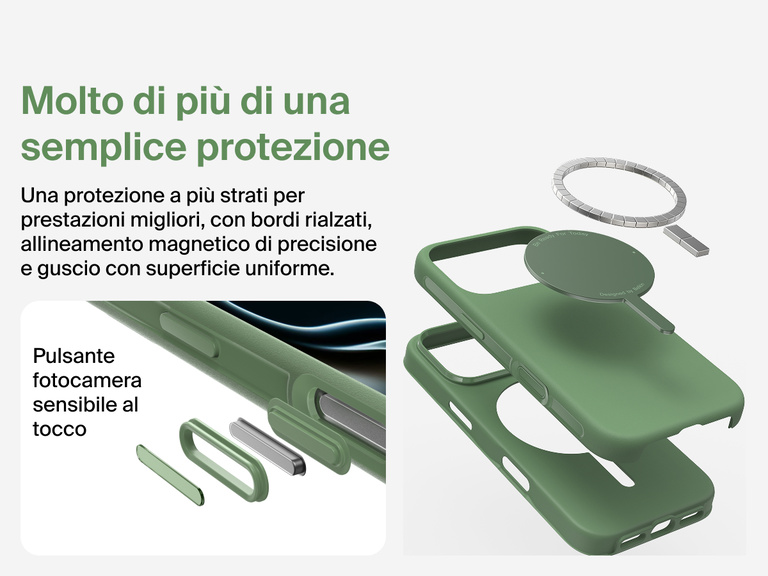 Immagine della custodia Belkin SheerForce Protect Series per iPhone 17 che evidenzia la compatibilit&agrave; con MagSafe e Qi2 per un aggancio magnetico potente a caricabatterie e altri accessori.