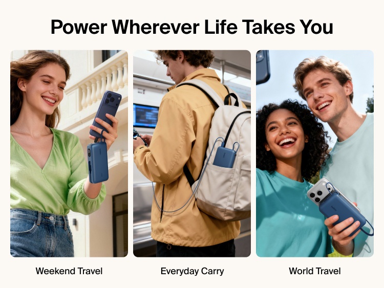 Belkin UltraCharge 20K 45W power bank with integrated cable used for travel and everyday carry, providing portable fast charging for smartphones on the go