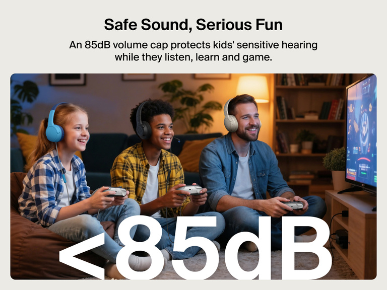 Kids wearing the Belkin Gaming Inspire Wired Kids Headset for Nintendo Switch 2 while gaming together, with text highlighting the safe 85dB volume limit for protecting sensitive hearing.