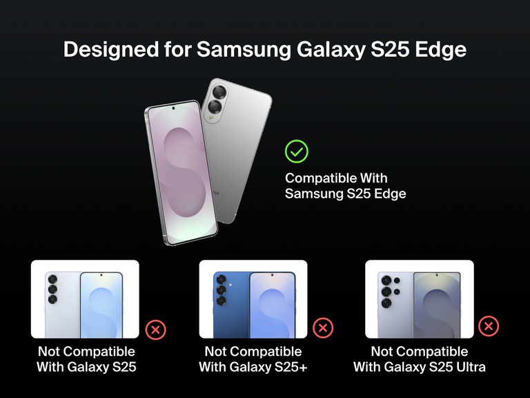 Compatibility guide for the ScreenForce InvisiGlass Treated Screen Protector, showing it is compatible with Samsung Galaxy S25 Edge but not compatible with Galaxy S25, S25+, or S25 Ultra. Images of each phone model are displayed with corresponding check or cross marks.