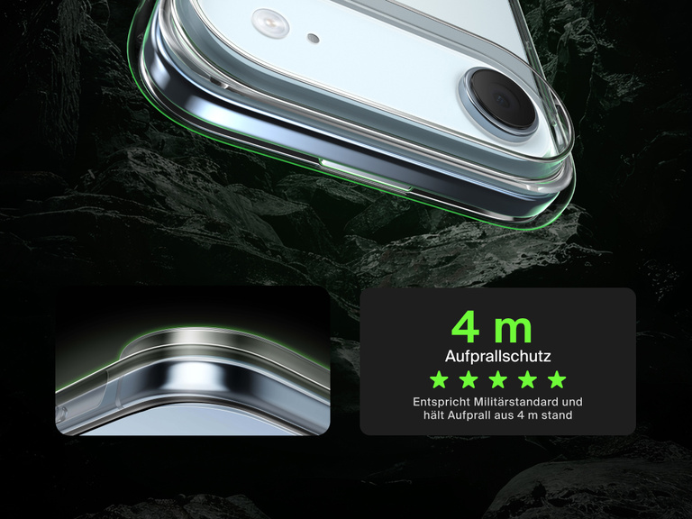 Belkin SheerForce Clear Series Case for iPhone 17 shown with 13-foot drop test and military-grade protection.