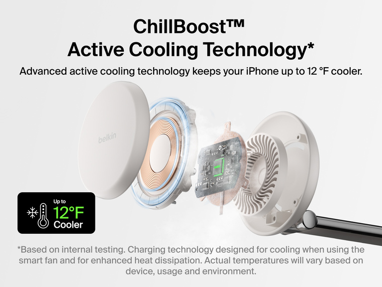 Belkin UltraCharge Pro 3-in-1 Magnetic Charging Dock with Qi2 25W uses ChillBoost™ active cooling technology to keep your iPhone up to 12°F cooler during high-speed wireless charging.