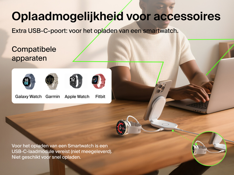 Afbeelding van de Belkin UltraCharge 2-in-1 uitklapbare magnetische lader met Qi2 25W tijdens het opladen van een iPhone en smartwatch via de extra USB-C-poort, compatibel met Apple Watch, Galaxy Watch, Garmin en Fitbit.