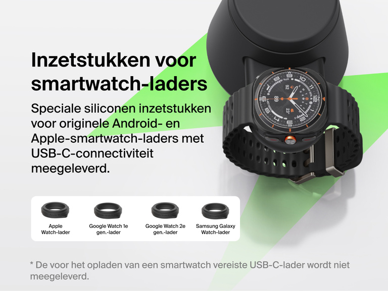 Het Belkin UltraCharge modulaire laadstation met Qi2 25W dat voor meerdere smartwatches geschikt is dankzij verwisselbare inzetstukken die compatibel zijn met USB-C-laders van Apple Watch, Google Watch en Samsung Galaxy Watch.