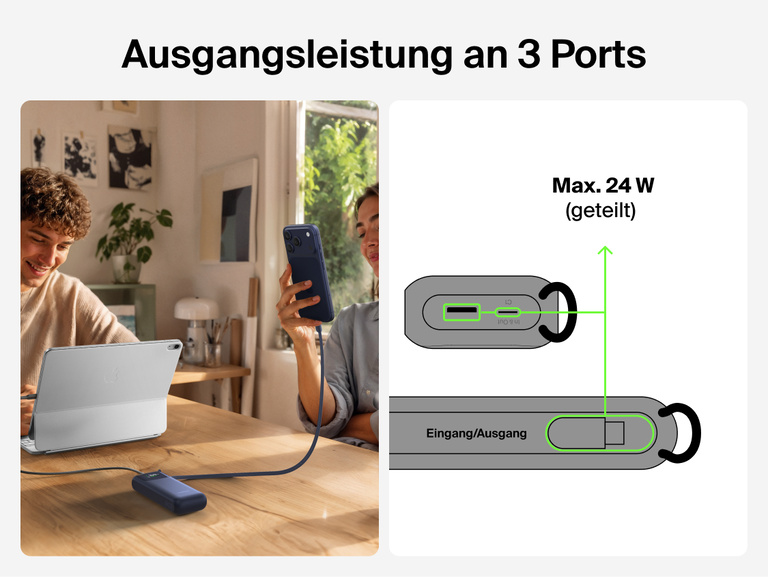 Die UltraCharge Powerbank 11K mit einziehbarem Kabel l&auml;dt gleichzeitig ein Tablet und ein Smartphone auf einem Tisch, mit einer Darstellung der geteilten Ausgangsleistung von 24 W &uuml;ber drei Anschl&uuml;sse.