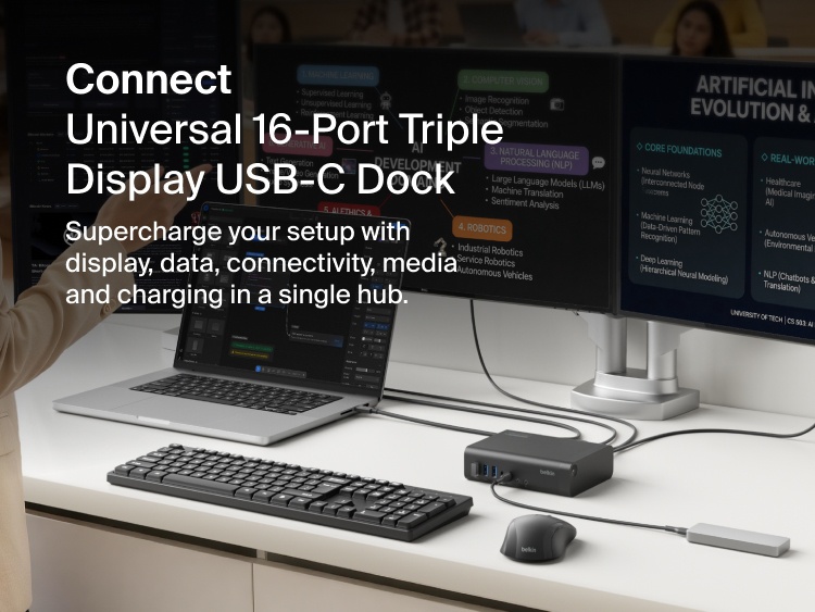 Connect Universal 16-Port Triple Display USB-C Dock shown on a desk setup, connected to a laptop and multiple monitors displaying work content, with keyboard and accessories, highlighting multi-display connectivity and productivity.
