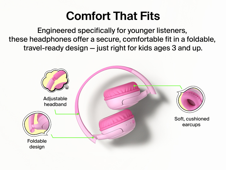SoundForm Mini 2 Wireless On-Ear Headphones for Kids in folded position with callouts highlighting the adjustable headband, foldable design, and soft cushioned earcups