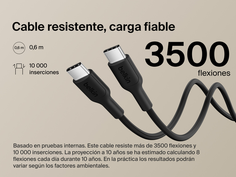 Belkin BoostCharge Slim Magnetic Power Bank 5K shown with durable USB-C to USB-C cable designed for 3,500+ bends and reliable long-lasting charging performance.