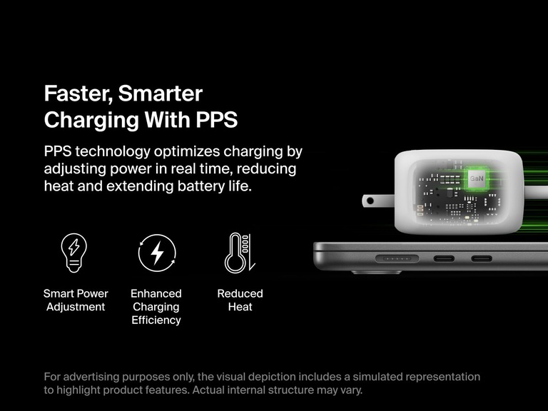 BoostCharge Pro 3-Port GaN Wall Charger 100W shown with internal PPS technology visualization, enabling smart power adjustment for reduced heat, improved efficiency, and extended battery life.
