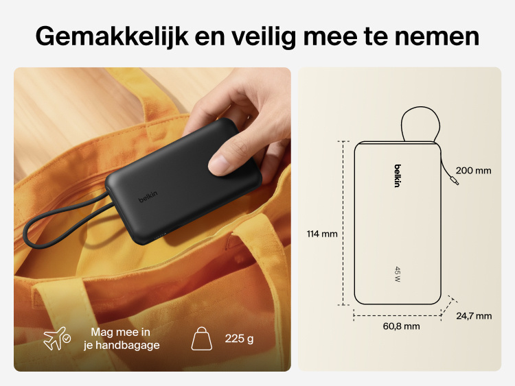 Belkin UltraCharge 10K power bank with integrated USB-C cable and digital display shown as a lightweight, TSA carry-on approved portable charger for everyday travel