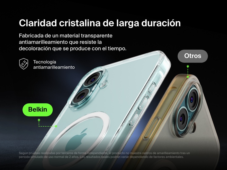 A comparison image showcasing the anti-yellowing technology of the Belkin SheerForce™ Magnetic iPhone Case. The Belkin case remains crystal clear over time, while a competing case appears yellowed. The text highlights the long-lasting clarity and resistance to discoloration, ensuring the case maintains its sleek, transparent design even after extended use.